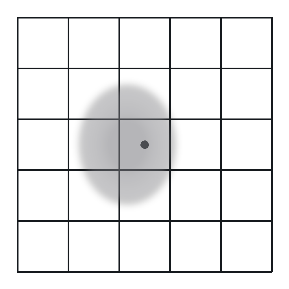Amsler grid as it may appear with wet AMD: a gray blurred region obscures part of the grid